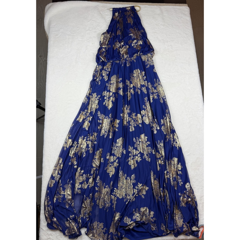 MSK Royal Blue Gold Floral Metallic Halter Maxi Dress Size 12 Formal Gown